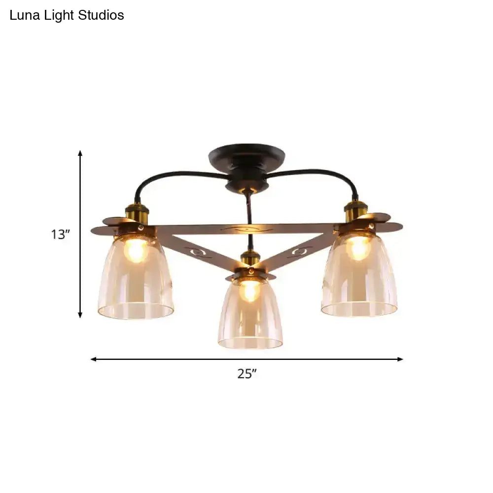 Industrial Cognac Glass Bell Semi Flush Ceiling Lamp (3/5/6 Heads) In Aged Brass - Perfect For