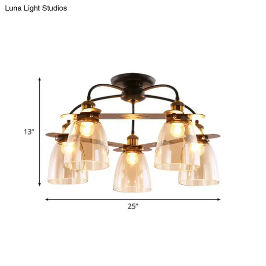 Industrial Cognac Glass Bell Semi Flush Ceiling Lamp (3/5/6 Heads) In Aged Brass - Perfect For