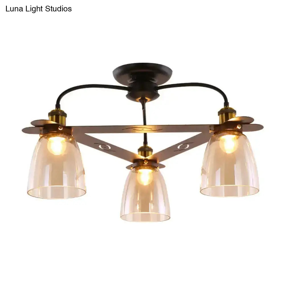 Industrial Cognac Glass Bell Semi Flush Ceiling Lamp (3/5/6 Heads) In Aged Brass - Perfect For