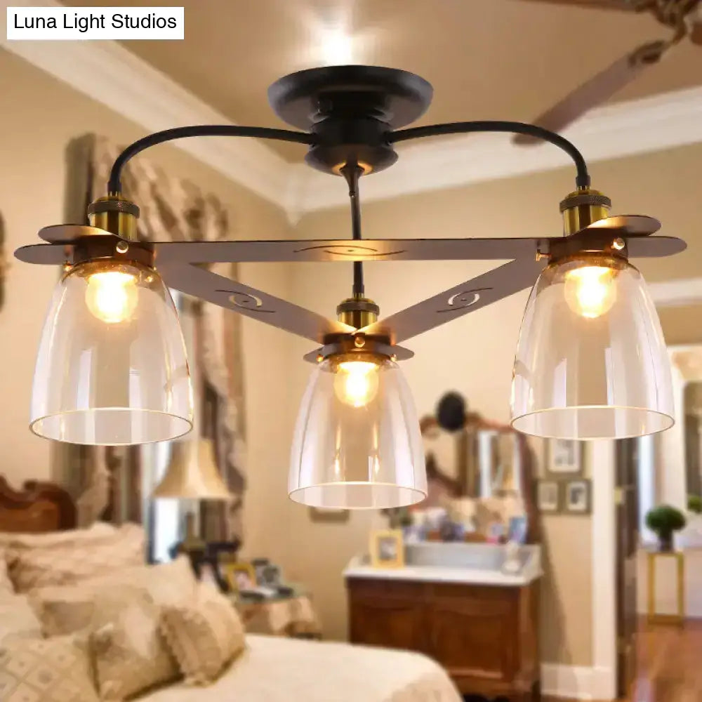 Industrial Cognac Glass Bell Semi Flush Ceiling Lamp (3/5/6 Heads) In Aged Brass - Perfect For