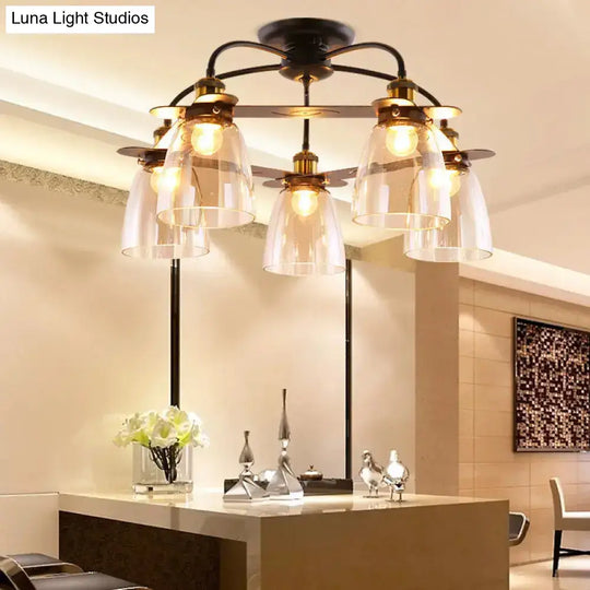 Industrial Cognac Glass Bell Semi Flush Ceiling Lamp (3/5/6 Heads) In Aged Brass - Perfect For