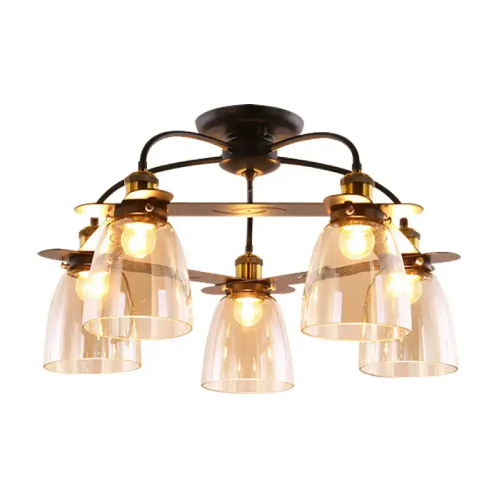 Industrial Cognac Glass Bell Semi Flush Ceiling Lamp (3/5/6 Heads) In Aged Brass - Perfect For