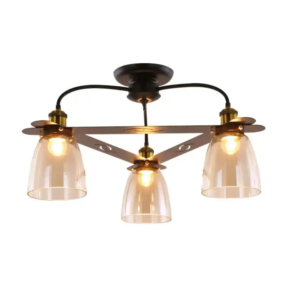 Industrial Cognac Glass Bell Semi Flush Ceiling Lamp (3/5/6 Heads) In Aged Brass - Perfect For