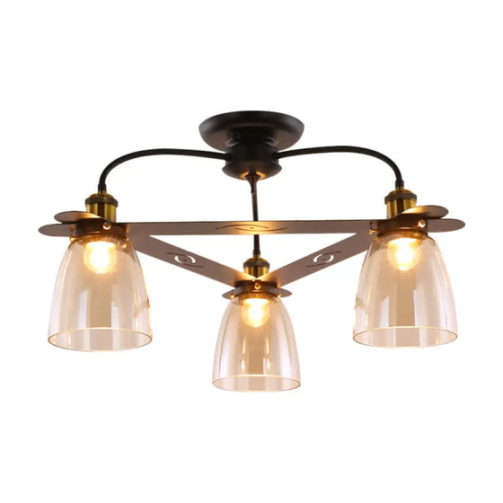 Industrial Cognac Glass Bell Semi Flush Ceiling Lamp (3/5/6 Heads) in Aged Brass - Perfect for Living Room