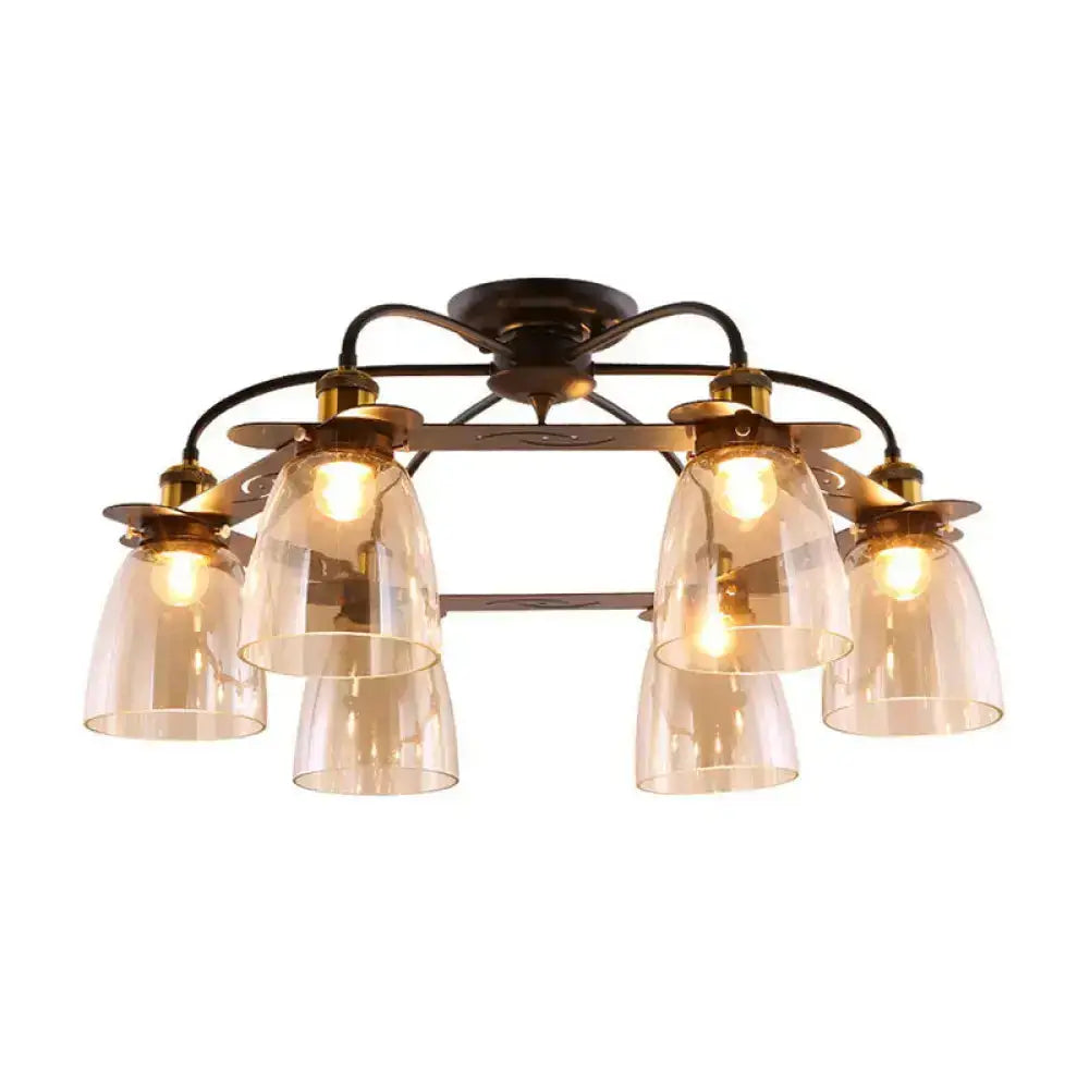 Industrial Cognac Glass Bell Semi Flush Ceiling Lamp (3/5/6 Heads) In Aged Brass - Perfect For