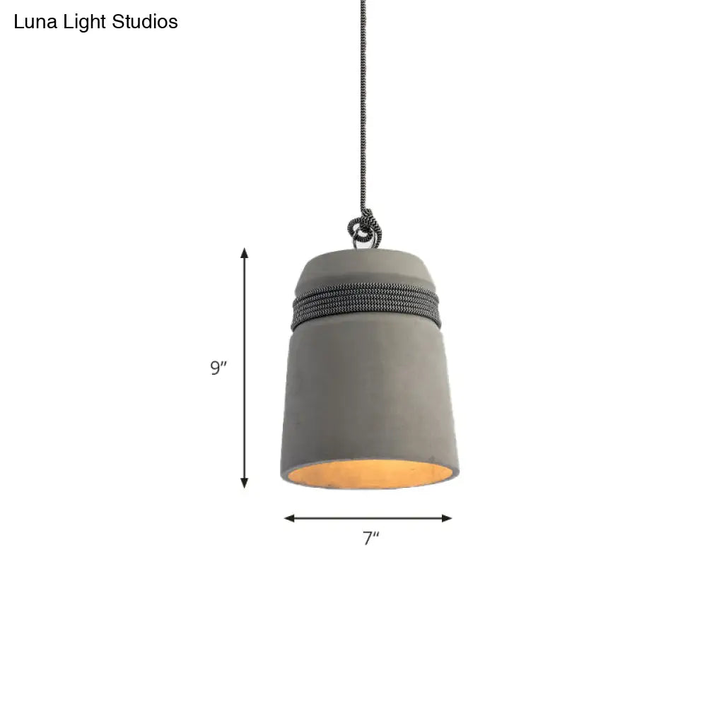 Industrial Concrete Bell Shade Pendant Ceiling Light - 1 Grey Hanging Fixture With Rope Accent