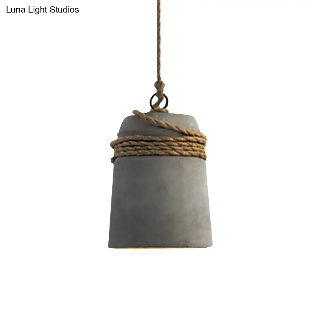 Industrial Concrete Bell Shade Pendant Ceiling Light - 1 Grey With Rope Detailing