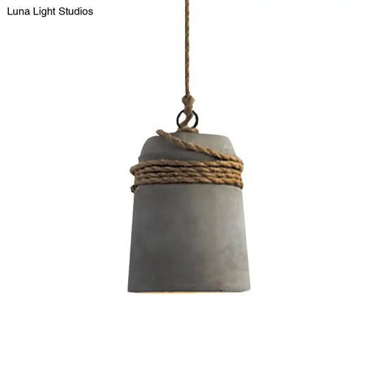 Industrial Concrete Bell Shade Pendant Ceiling Light - 1 Grey With Rope Detailing