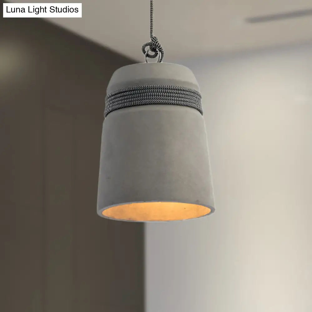 Industrial Concrete Bell Shade Pendant Ceiling Light - 1 Grey Hanging Fixture With Rope Accent