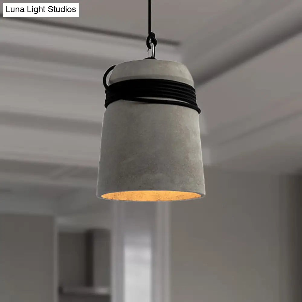 Industrial Concrete Bell Shade Pendant Ceiling Light - 1 Grey Hanging Fixture With Rope Accent