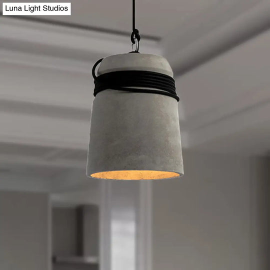 Industrial Concrete Bell Shade Pendant Ceiling Light - 1 Grey With Rope Detailing