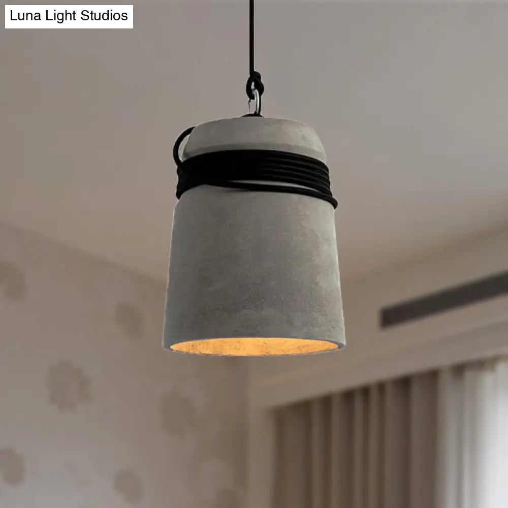 Industrial Concrete Bell Shade Pendant Ceiling Light - 1 Grey With Rope Detailing