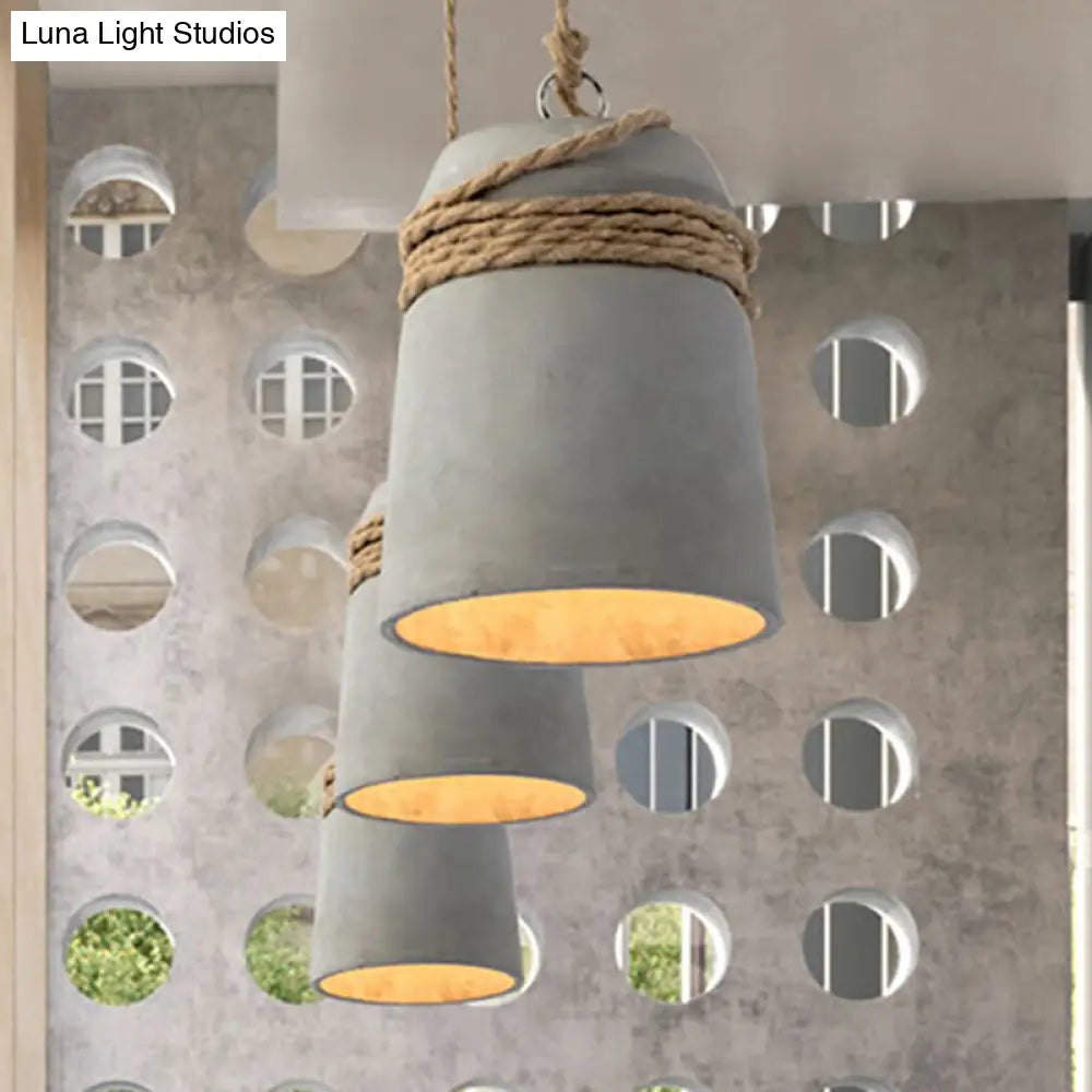 Industrial Concrete Bell Shade Pendant Ceiling Light - 1 Grey With Rope Detailing