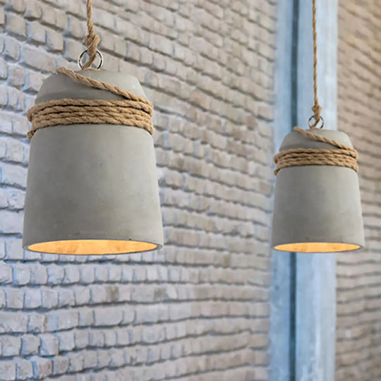 Industrial Concrete Bell Shade Pendant Ceiling Light - 1 Grey Hanging Fixture With Rope Accent / C