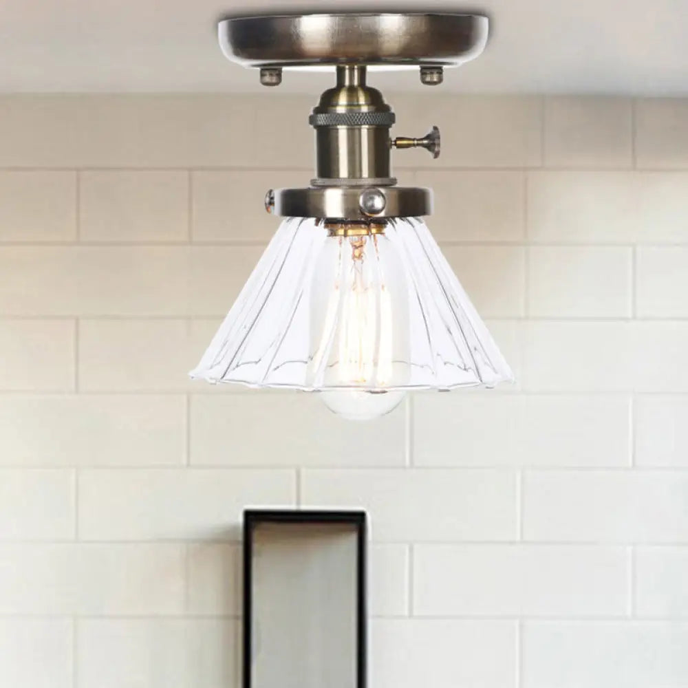Industrial Cone/Bell/Rhombus Glass Semi Flush Mount Light - Bronze Finish Clear / Bell