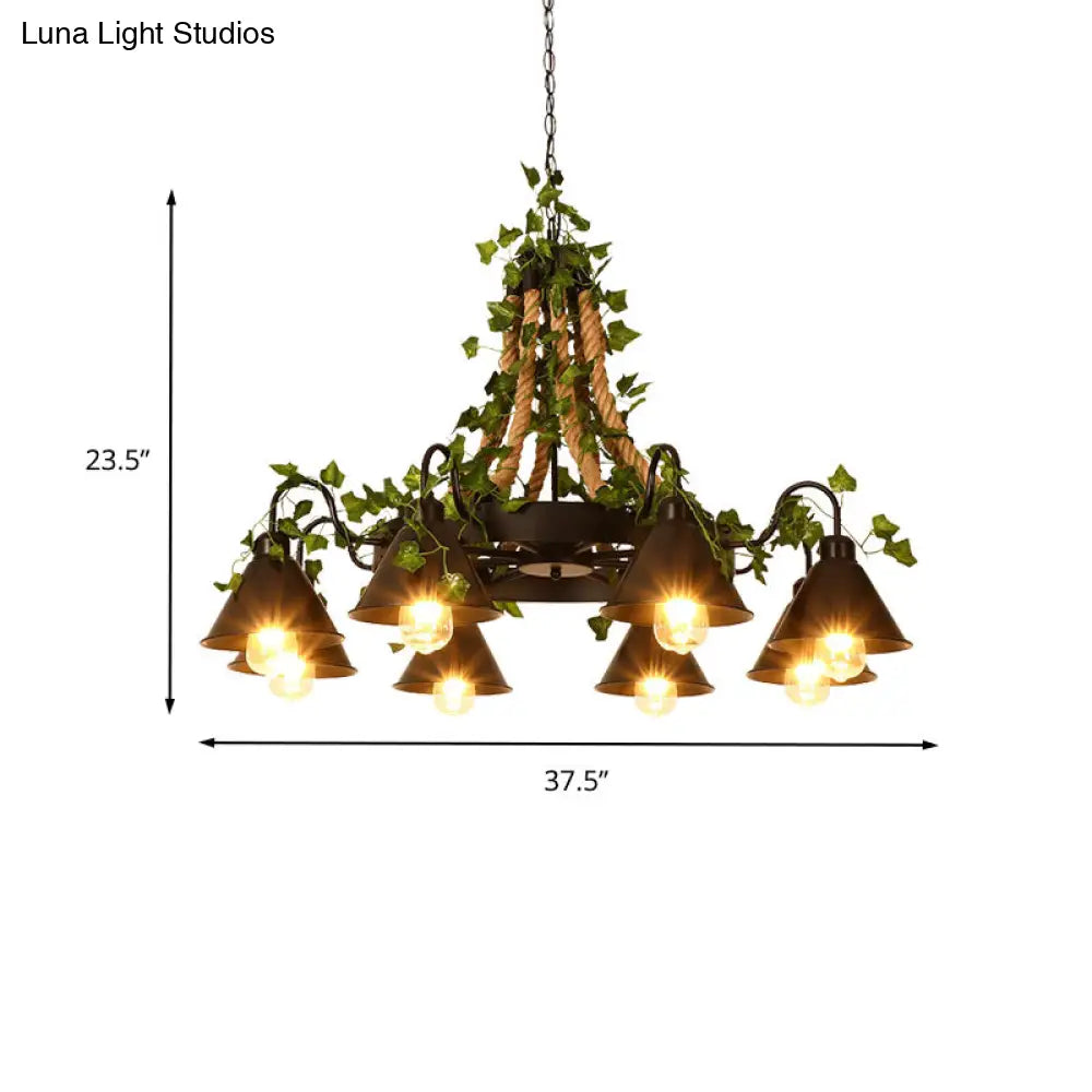 Industrial Cone Ceiling Chandelier - Hemp Rope Led Hanging Light Fixture 8 Bulbs Black With Plant