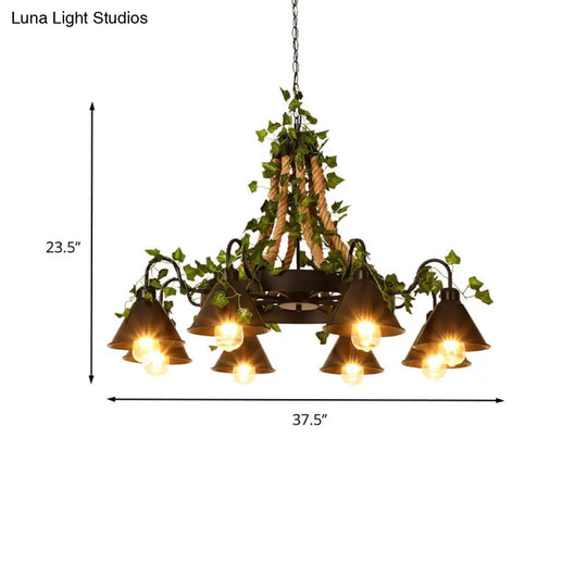 Industrial Cone Ceiling Chandelier - Hemp Rope Led Hanging Light Fixture 8 Bulbs Black With Plant