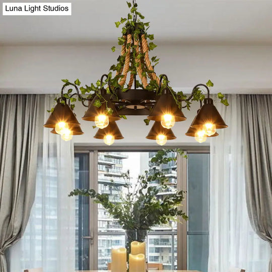 Industrial Cone Ceiling Chandelier: 8-Bulb Hemp Rope Led Pendant Light In Black With Plant-Styled