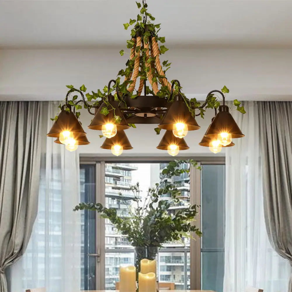 Industrial Cone Ceiling Chandelier - Hemp Rope Led Hanging Light Fixture 8 Bulbs Black With Plant