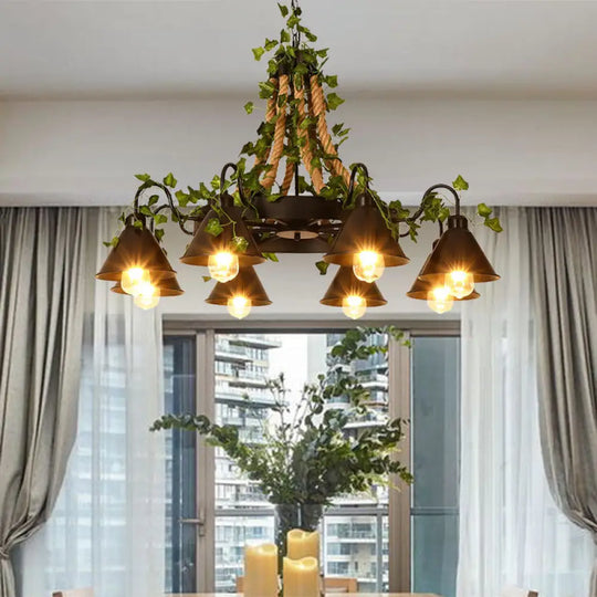 Industrial Cone Ceiling Chandelier - Hemp Rope Led Hanging Light Fixture 8 Bulbs Black With Plant