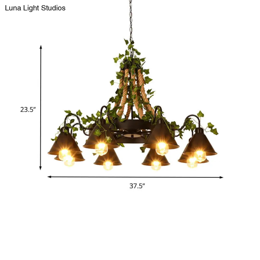 Industrial Cone Ceiling Chandelier: 8-Bulb Hemp Rope Led Pendant Light In Black With Plant-Styled