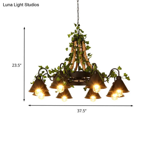 Industrial Cone Ceiling Chandelier: 8-Bulb Hemp Rope Led Pendant Light In Black With Plant-Styled