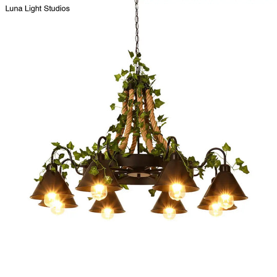 Industrial Cone Ceiling Chandelier - Hemp Rope Led Hanging Light Fixture 8 Bulbs Black With Plant