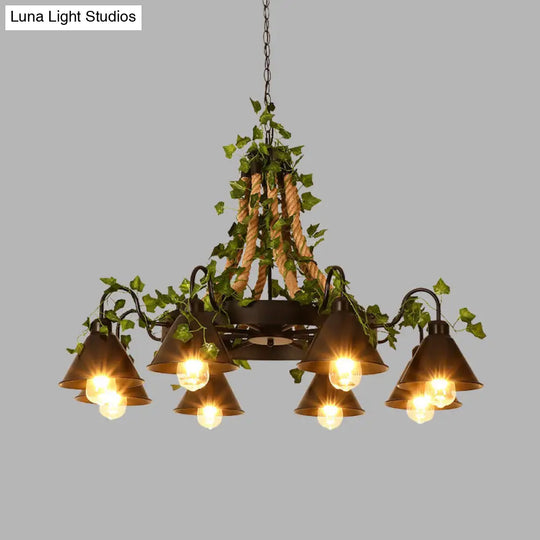 Industrial Cone Ceiling Chandelier - Hemp Rope Led Hanging Light Fixture 8 Bulbs Black With Plant