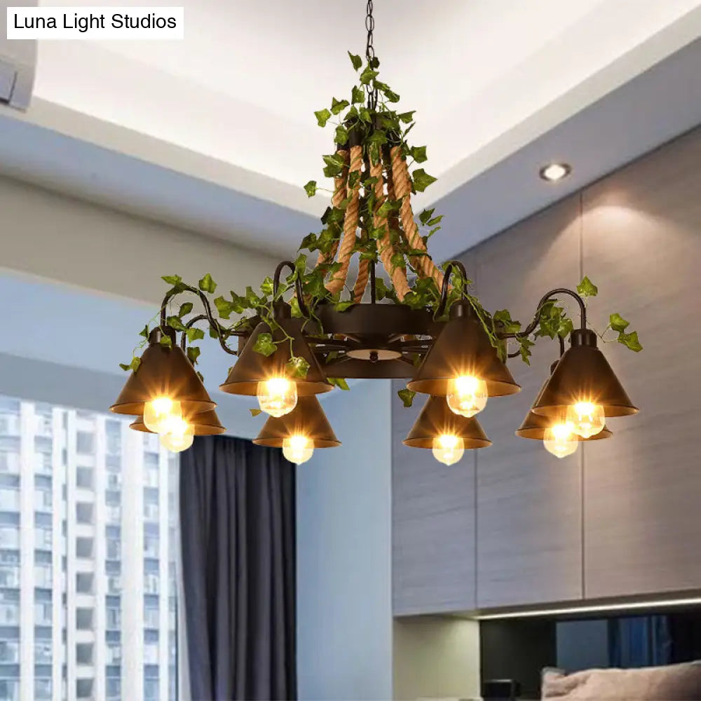 Industrial Cone Ceiling Chandelier - Hemp Rope Led Hanging Light Fixture 8 Bulbs Black With Plant