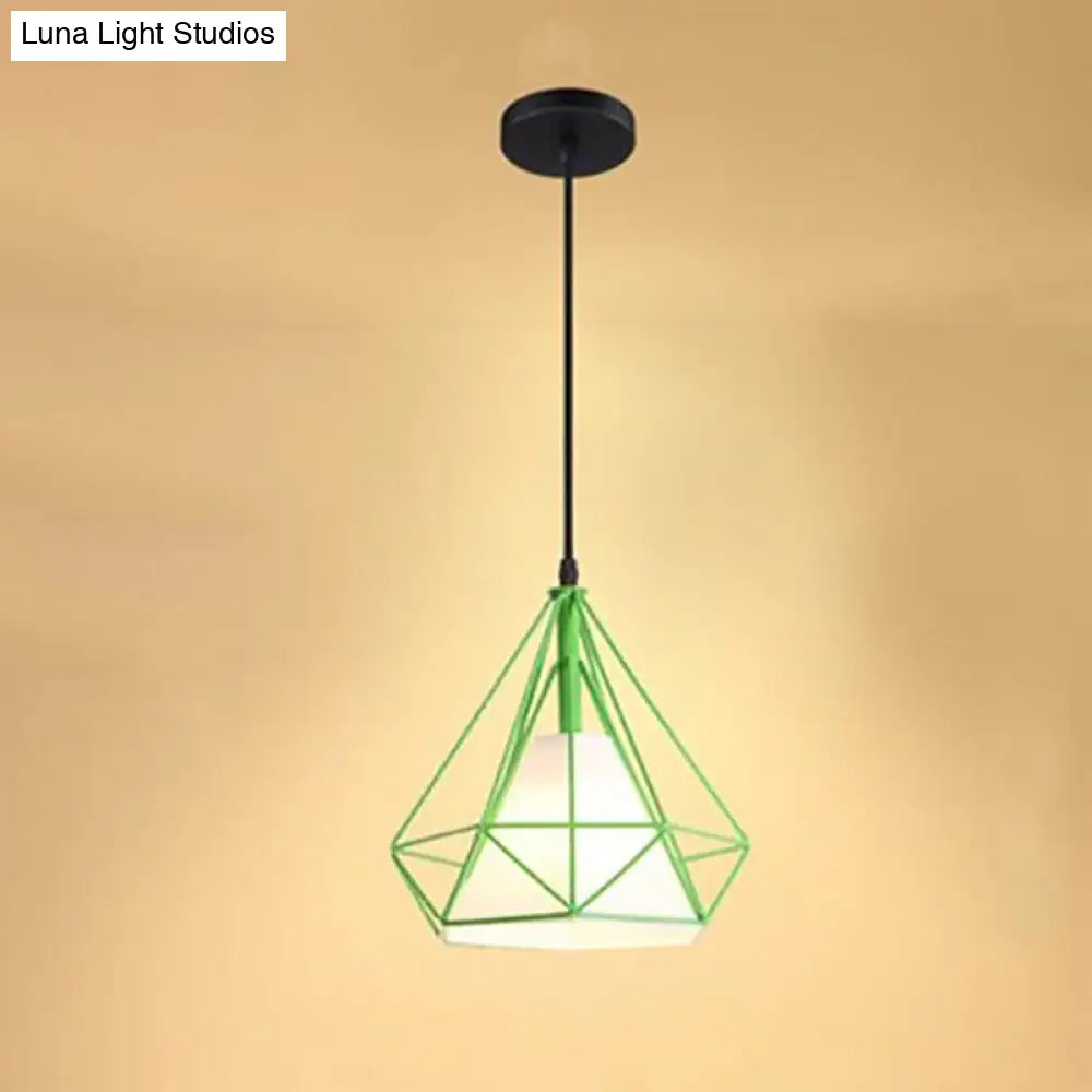 Industrial Cone Ceiling Pendant Light With Fabric Hanging Shade And Diamond Iron Cage Green