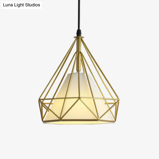 Industrial Cone Ceiling Pendant Light With Fabric Hanging Shade And Diamond Iron Cage Gold