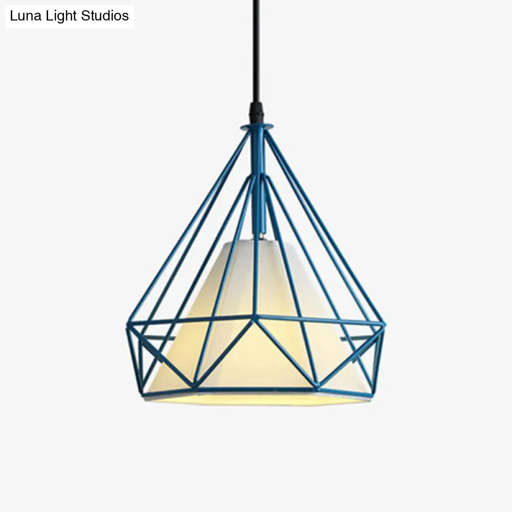 Industrial Cone Ceiling Pendant Light With Fabric Hanging Shade And Diamond Iron Cage Blue