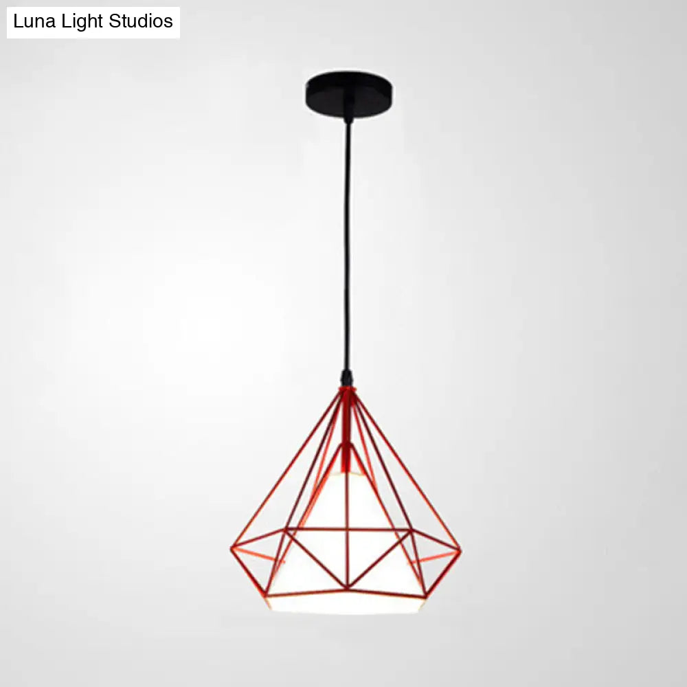 Industrial Cone Ceiling Pendant Light With Fabric Hanging Shade And Diamond Iron Cage Red