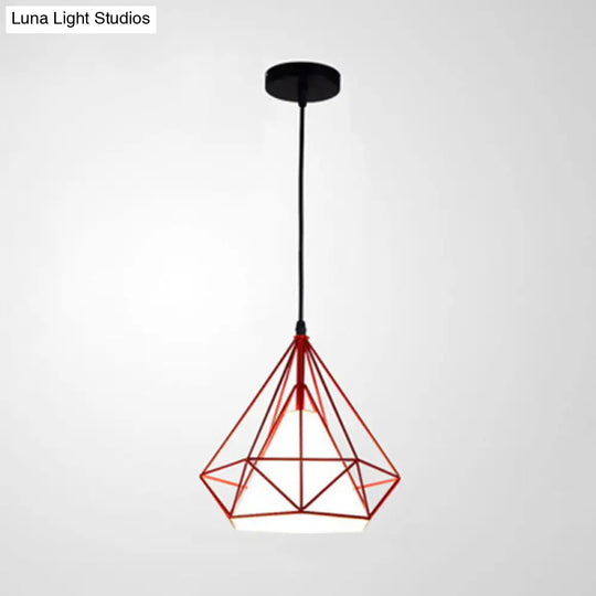 Industrial Cone Ceiling Pendant Light With Fabric Hanging Shade And Diamond Iron Cage Red