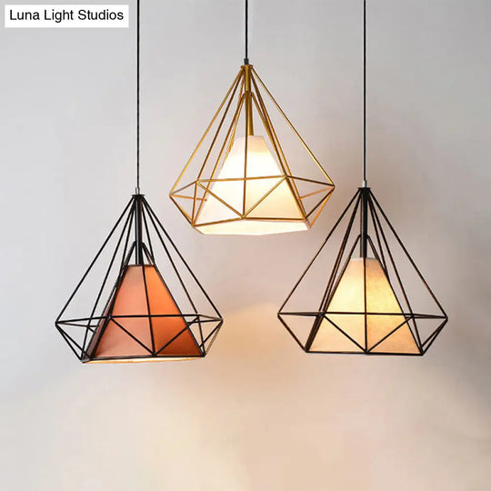 Industrial Cone Ceiling Pendant Light With Fabric Hanging Shade And Diamond Iron Cage