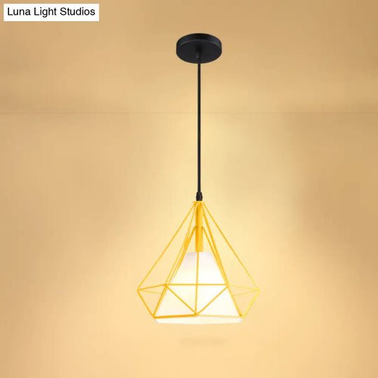 Industrial Cone Ceiling Pendant Light With Fabric Hanging Shade And Diamond Iron Cage Yellow