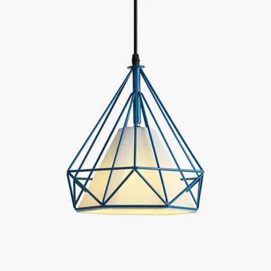 Industrial Cone Ceiling Pendant Light With Fabric Shade And Diamond Iron Cage Blue