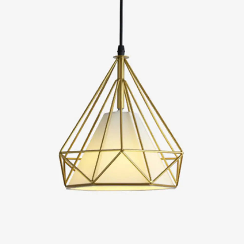 Industrial Cone Ceiling Pendant Light With Fabric Shade And Diamond Iron Cage Gold