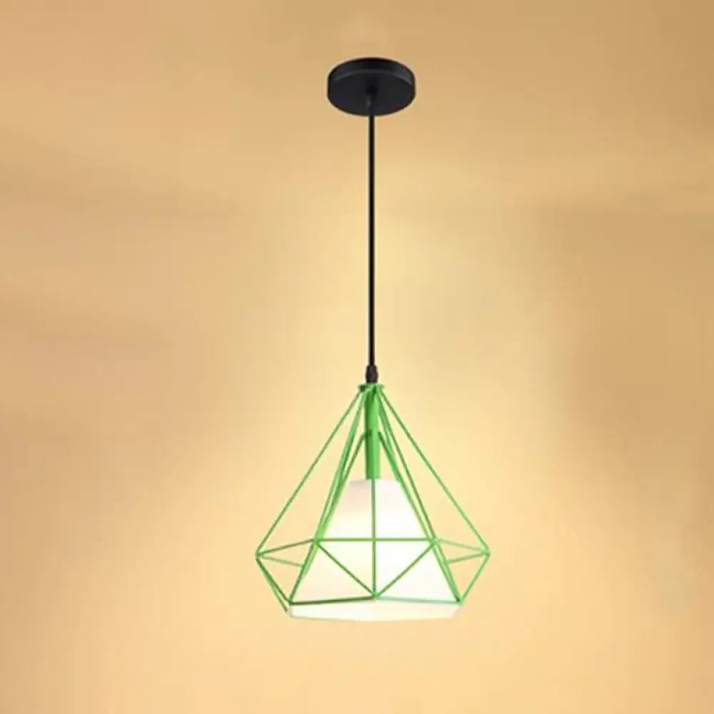 Industrial Cone Ceiling Pendant Light With Fabric Shade And Diamond Iron Cage Green