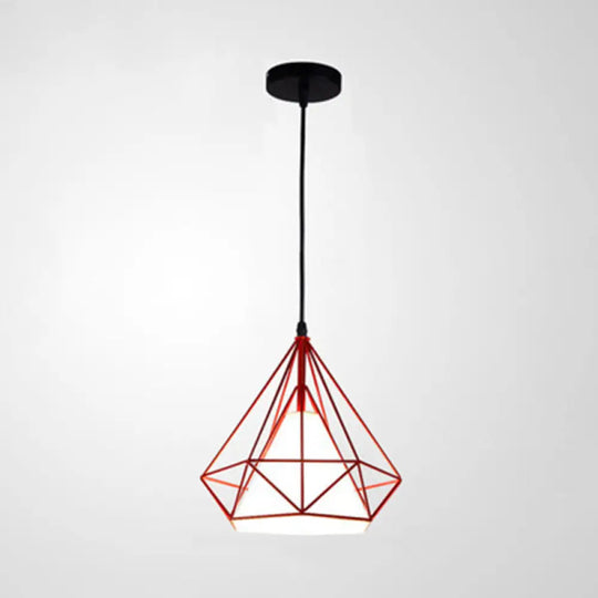 Industrial Cone Ceiling Pendant Light With Fabric Shade And Diamond Iron Cage Red