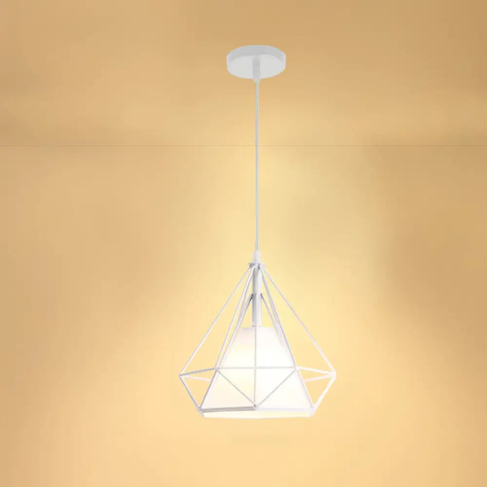 Industrial Cone Ceiling Pendant Light With Fabric Shade And Diamond Iron Cage White