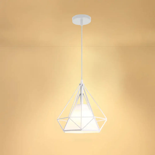 Industrial Cone Ceiling Pendant Light With Fabric Shade And Diamond Iron Cage White