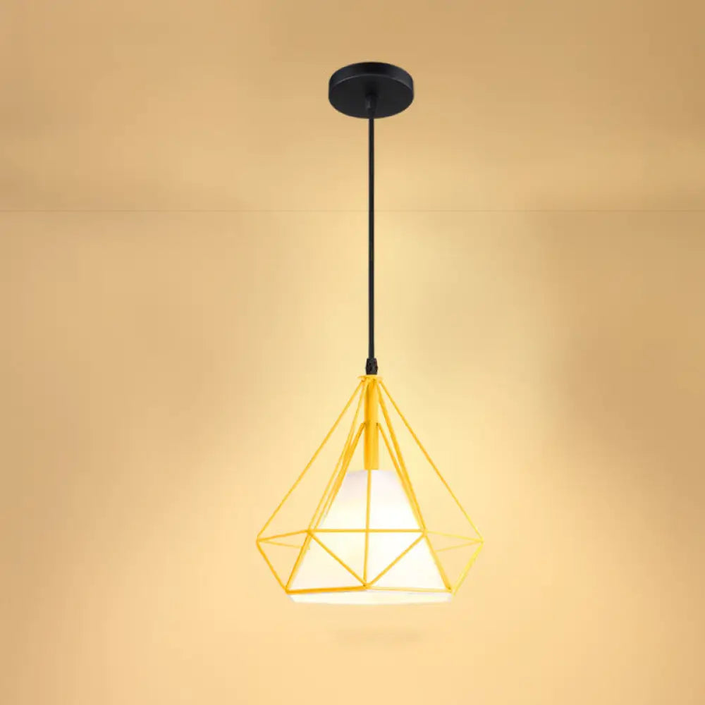 Industrial Cone Ceiling Pendant Light With Fabric Shade And Diamond Iron Cage Yellow