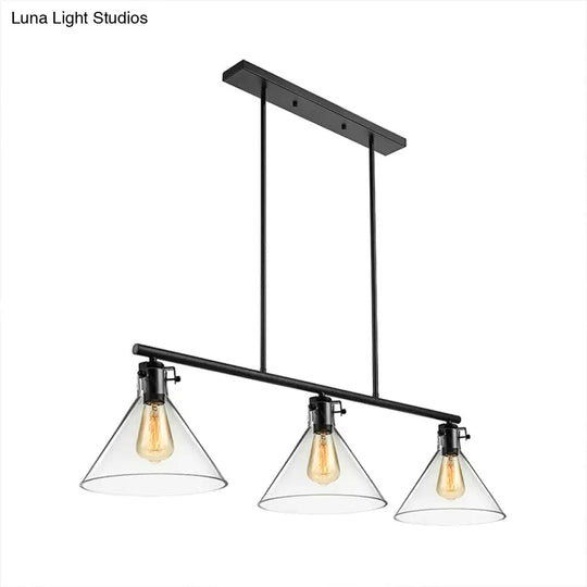 Industrial Cone Clear Glass Island Lamp In Black For Dining Table - 2/3 Lights Hanging Lighting