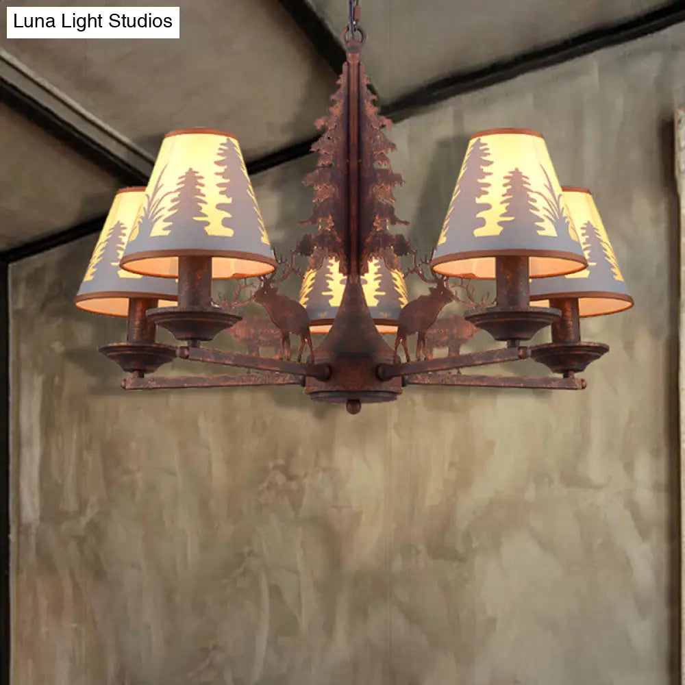 Industrial Cone Metal And Fabric Chandelier - Rust Finish 3/5/8 Light Pendant Lighting For Dining