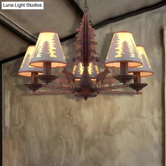 Industrial Cone Metal And Fabric Chandelier - Rust Finish 3/5/8 Light Pendant Lighting For Dining