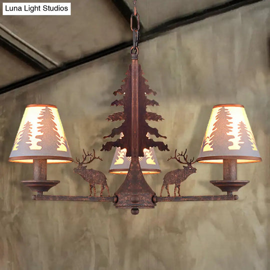 Industrial Cone Metal And Fabric Chandelier - Rust Finish 3/5/8 Light Pendant Lighting For Dining