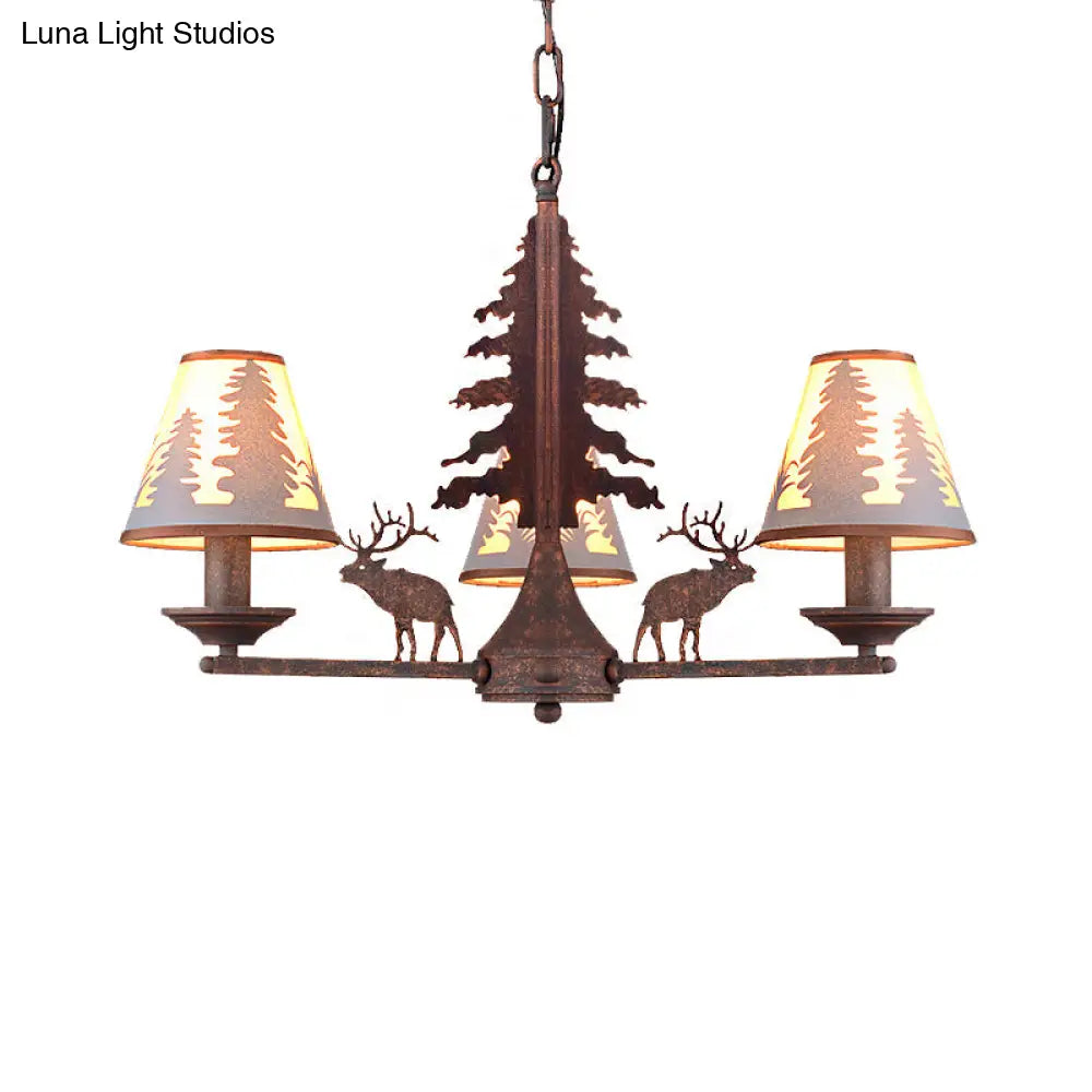 Industrial Cone Metal & Fabric Chandelier - 3/5/8 Light Pendant Lighting For Dining Room In Rust