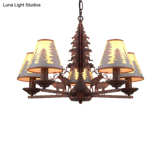 Industrial Cone Metal & Fabric Chandelier - 3/5/8 Light Pendant Lighting For Dining Room In Rust