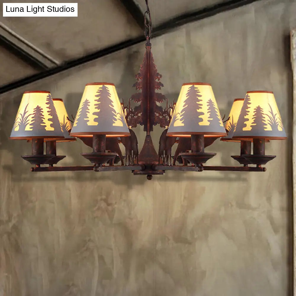 Industrial Cone Metal And Fabric Chandelier - Rust Finish 3/5/8 Light Pendant Lighting For Dining